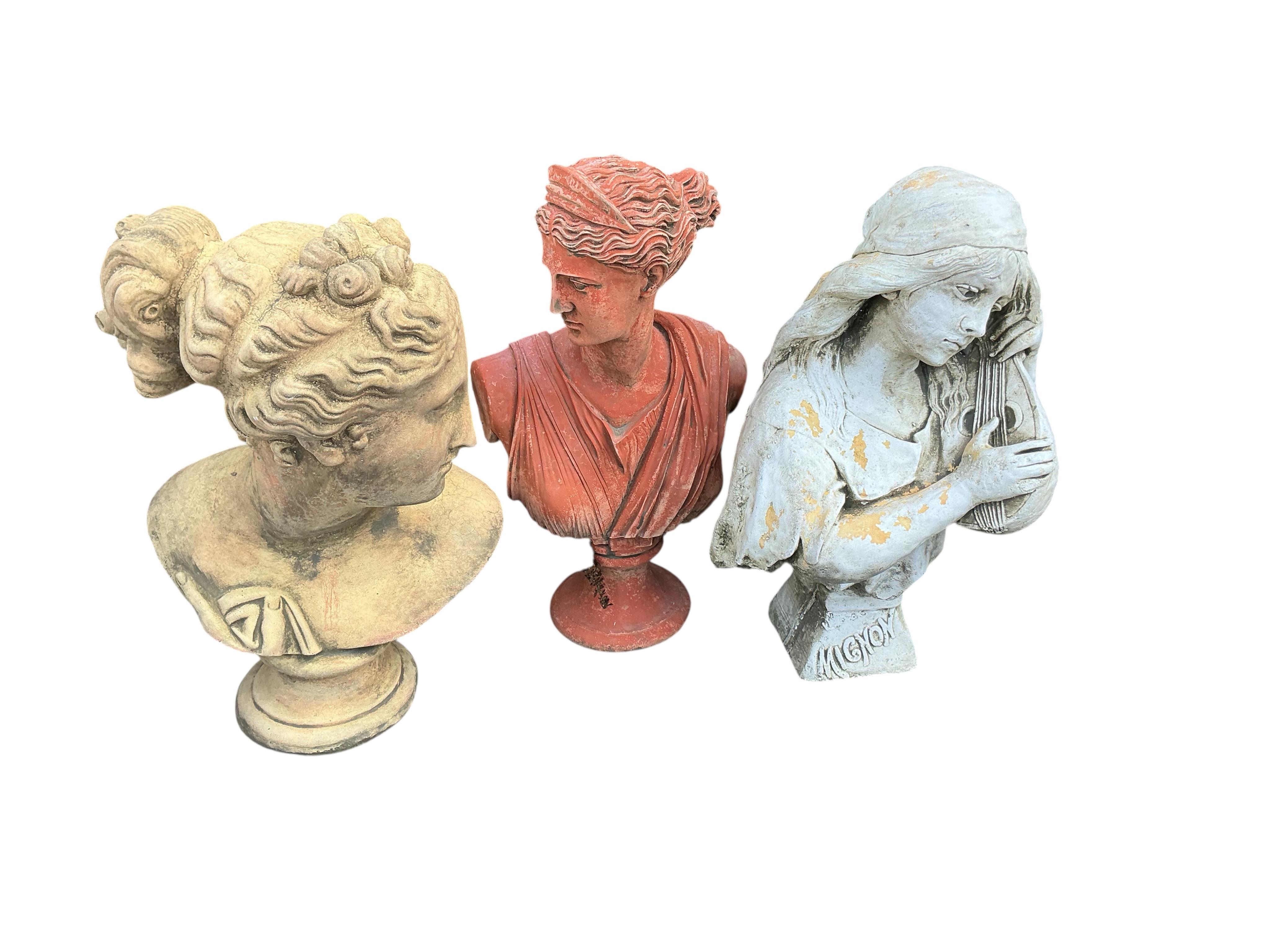 Three stone classical female busts, largest height 52cm